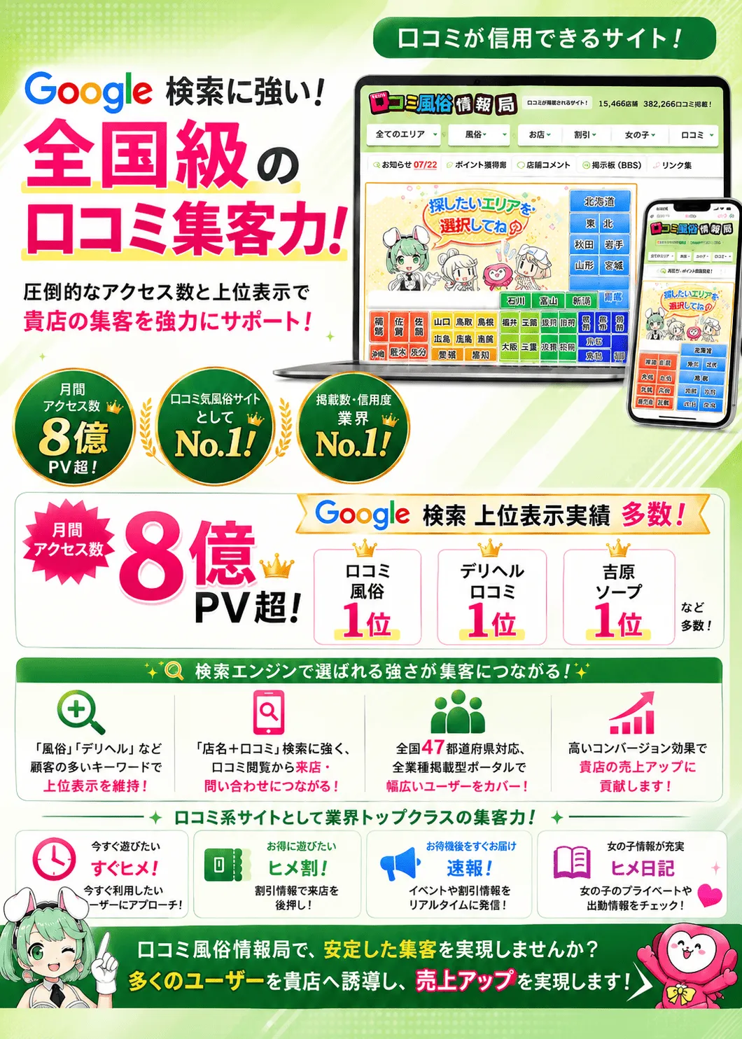口コミ風俗情報局のGoogle検索での上位表示実績と、口コミ関連キーワードから店舗への新規ユーザー流入を訴求する広告画像