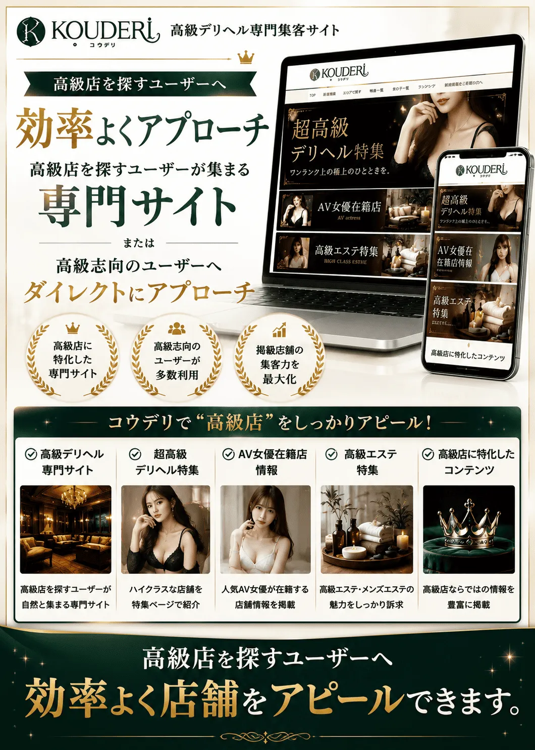 コウデリは高級デリヘル専門の集客媒体です。高級店を探すユーザーへ効率よくアプローチでき、超高級デリヘルやAV女優在籍店など高級店向けコンテンツを掲載しています。