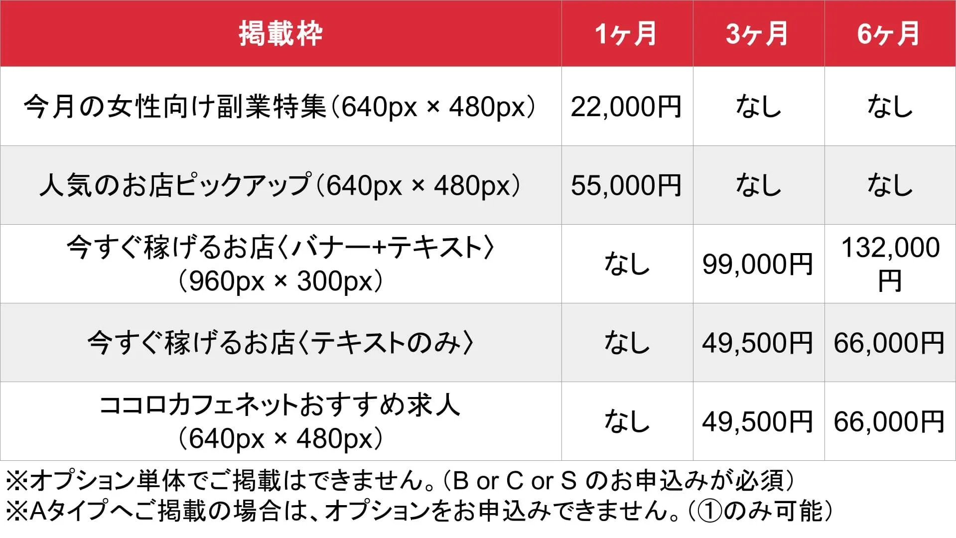 ココロカフェネット_オプション_料金表