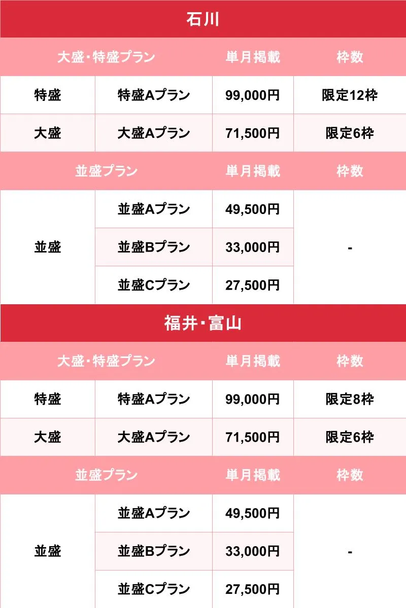 バニラ_石川・福井・富山_料金表