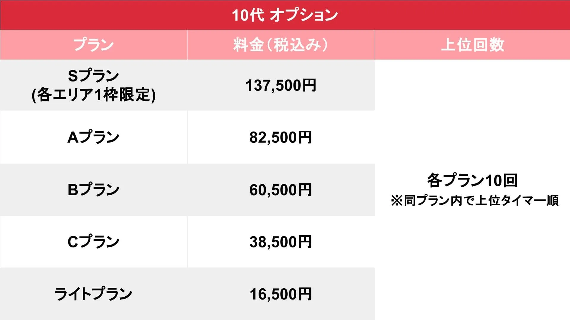 10代オプション料金表