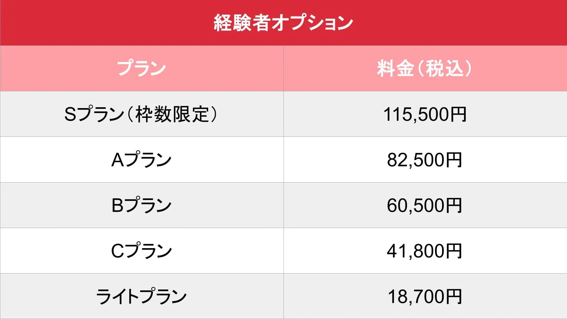経験者オプション料金表